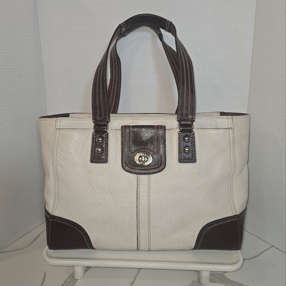 Coach Hamptom Pebbled Leather Turn Lock Sachel Tote Bag Brown White Medium 13960 - Picture 1 of 14
